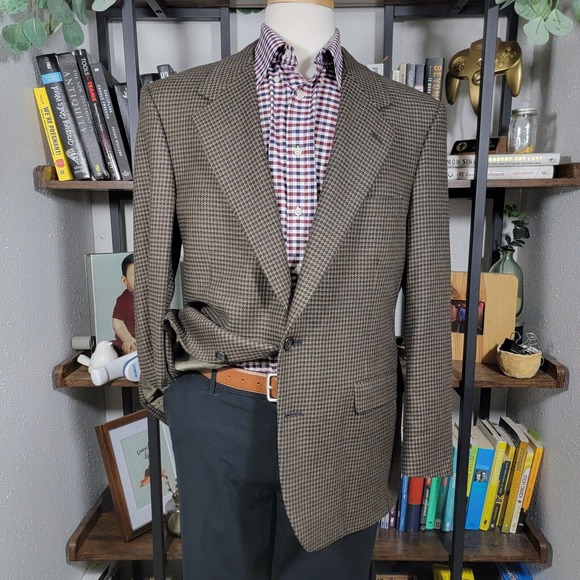 Stafford Hartmarx Men's Sport Coat Blazer Two‎ Button Houndstooth Brown Wool 42R